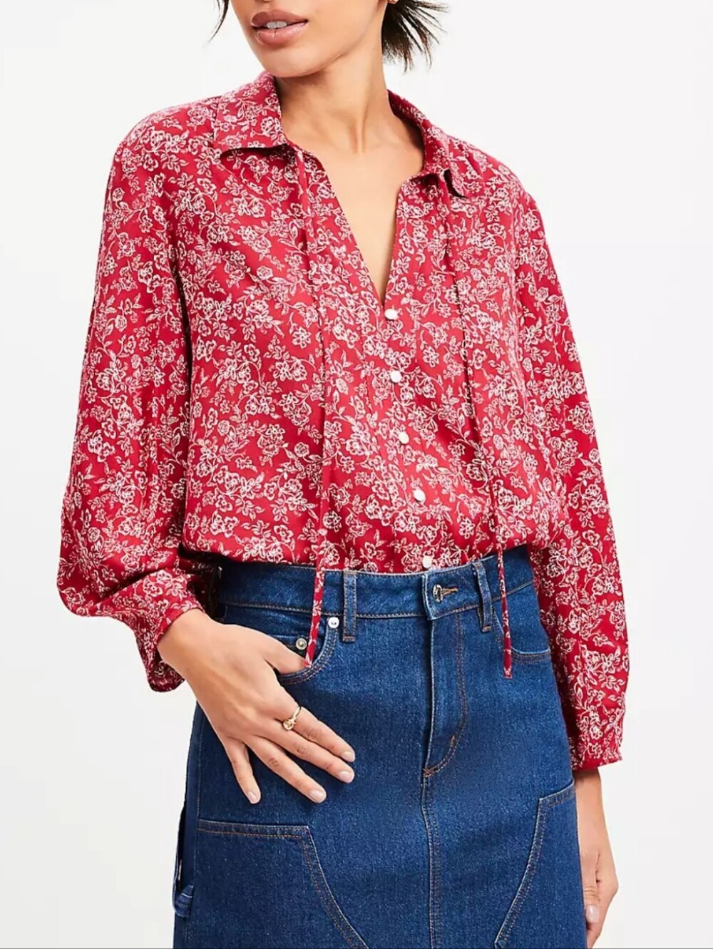Loft Floral Tie Neck Seamed Sleeves Blouse